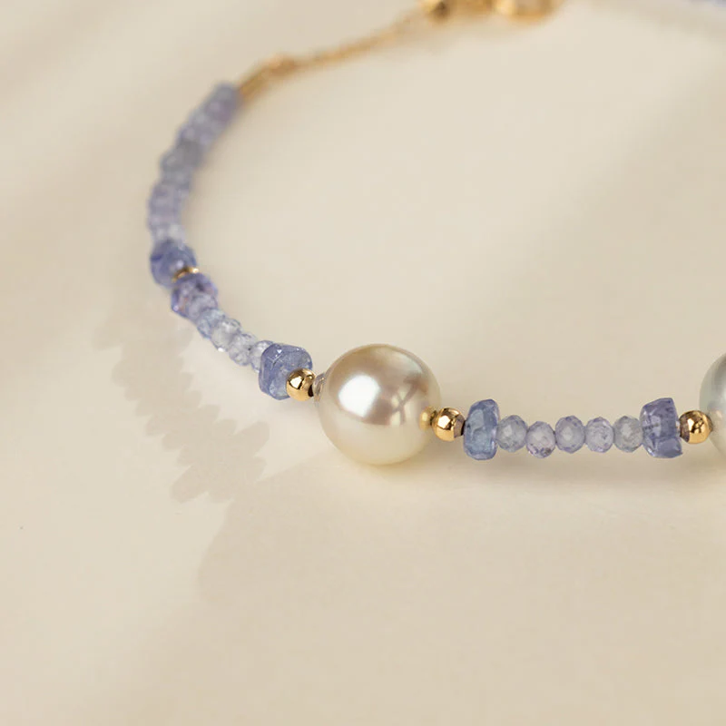 Baroque Akoya Pearl Tanzanite Gold Vermeil Bracelet in 925 Sterling Silver - Image 6