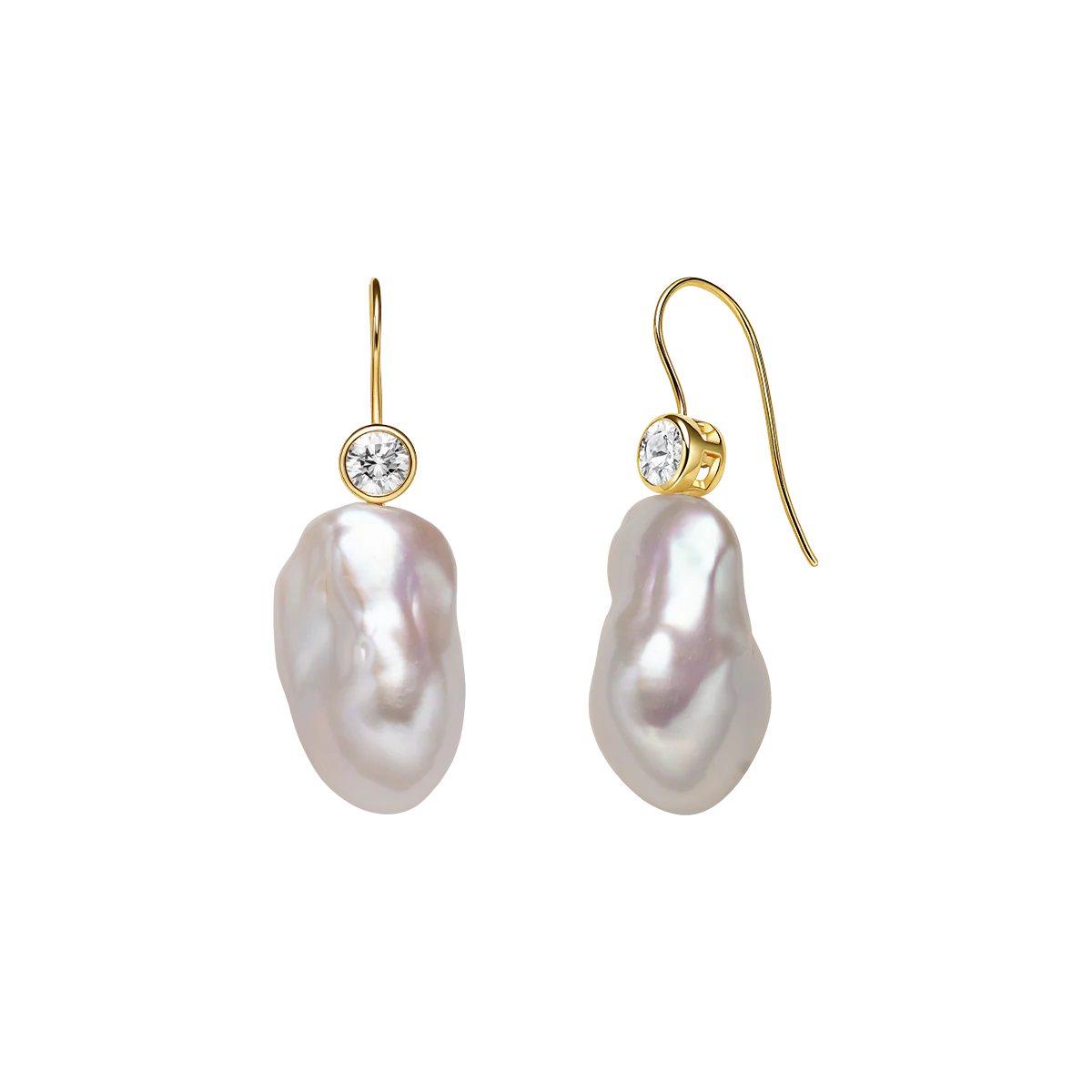 Baroque Freshwater Pearl 18K Gold Plated CZ Bezel Fishhook Drop Earrings in 925 Sterling Silver