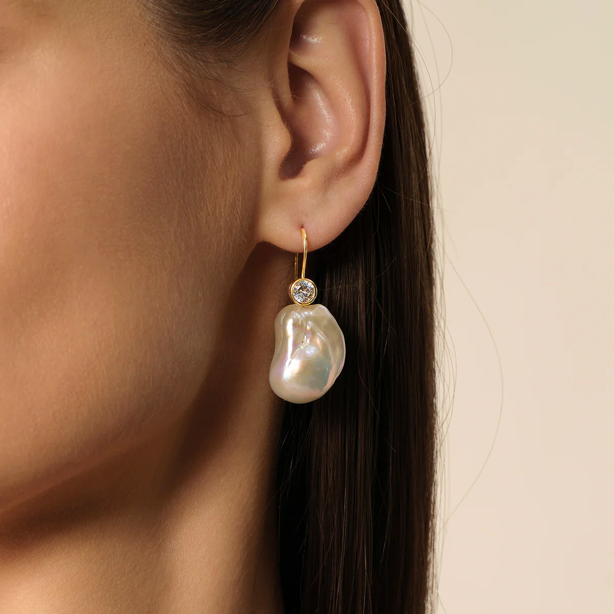 Baroque Freshwater Pearl 18K Gold Plated CZ Bezel Fishhook Drop Earrings in 925 Sterling Silver - Image 2