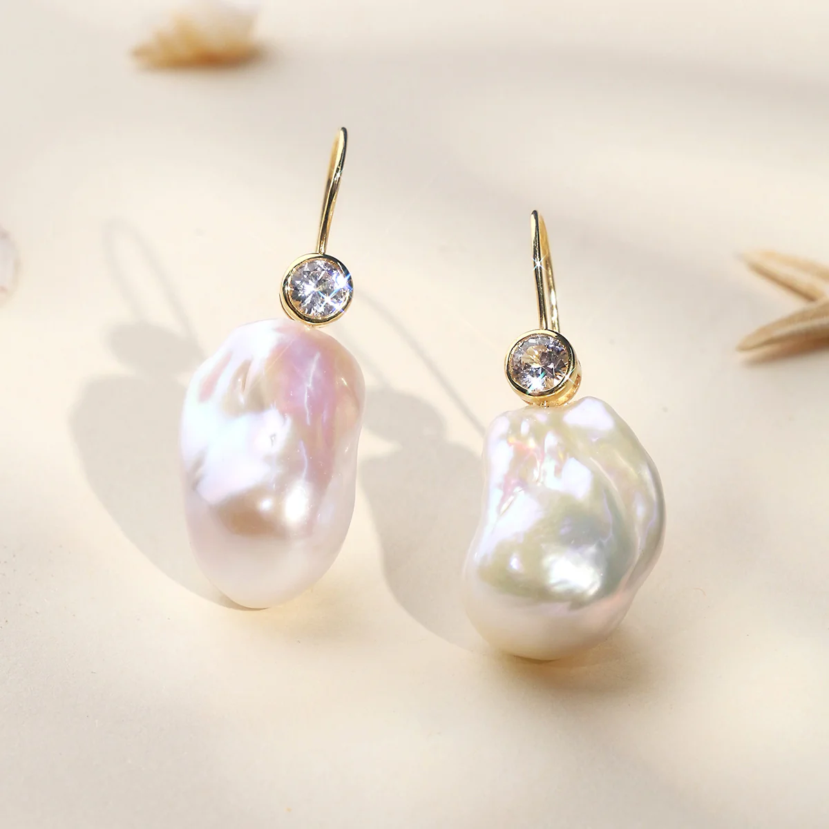 Baroque Freshwater Pearl 18K Gold Plated CZ Bezel Fishhook Drop Earrings in 925 Sterling Silver - Image 3