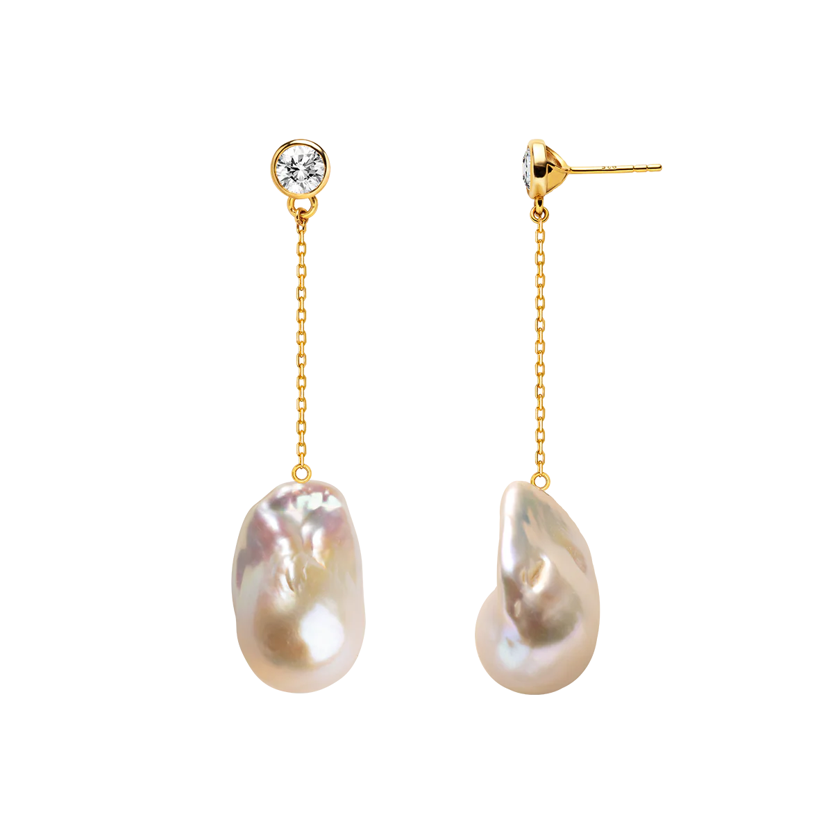 Baroque Freshwater Pearl 18K Gold Plated CZ Bezel Long Chain Tassel Earrings in 925 Sterling Silver