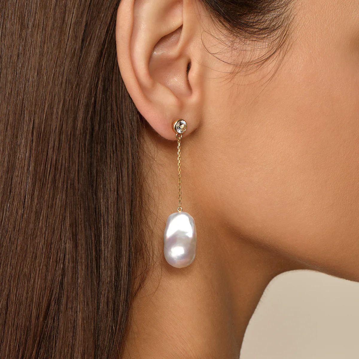 Baroque Freshwater Pearl 18K Gold Plated CZ Bezel Long Chain Tassel Earrings in 925 Sterling Silver - Image 2