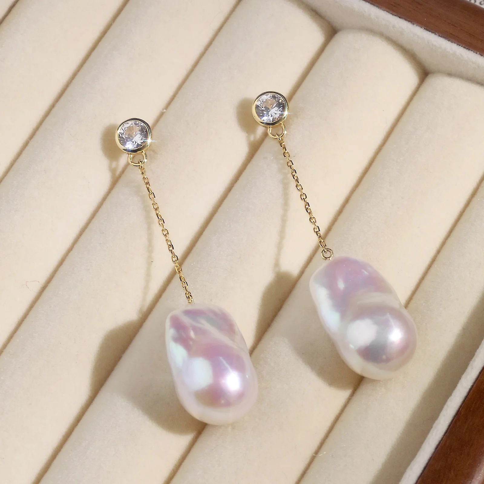 Baroque Freshwater Pearl 18K Gold Plated CZ Bezel Long Chain Tassel Earrings in 925 Sterling Silver - Image 3