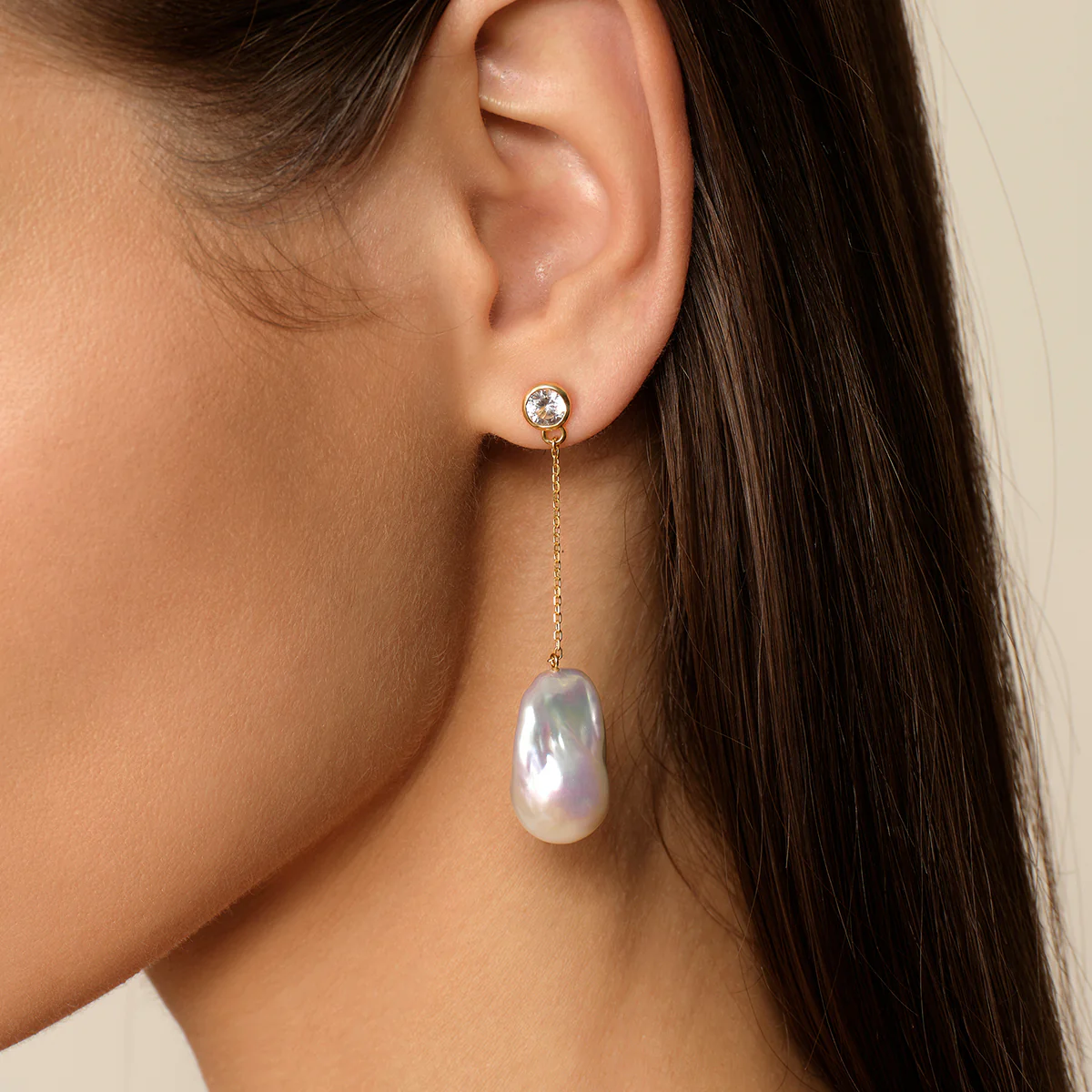 Baroque Freshwater Pearl 18K Gold Plated CZ Bezel Long Chain Tassel Earrings in 925 Sterling Silver - Image 4