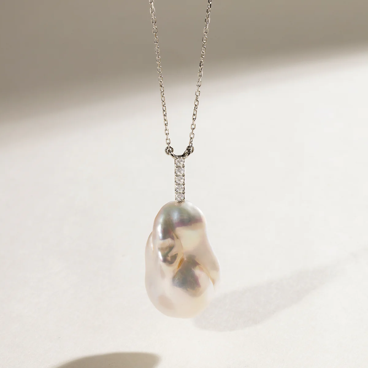 Baroque Freshwater Pearl Vertical CZ Baton Pendant Necklace in 925 Sterling Silver - Image 3