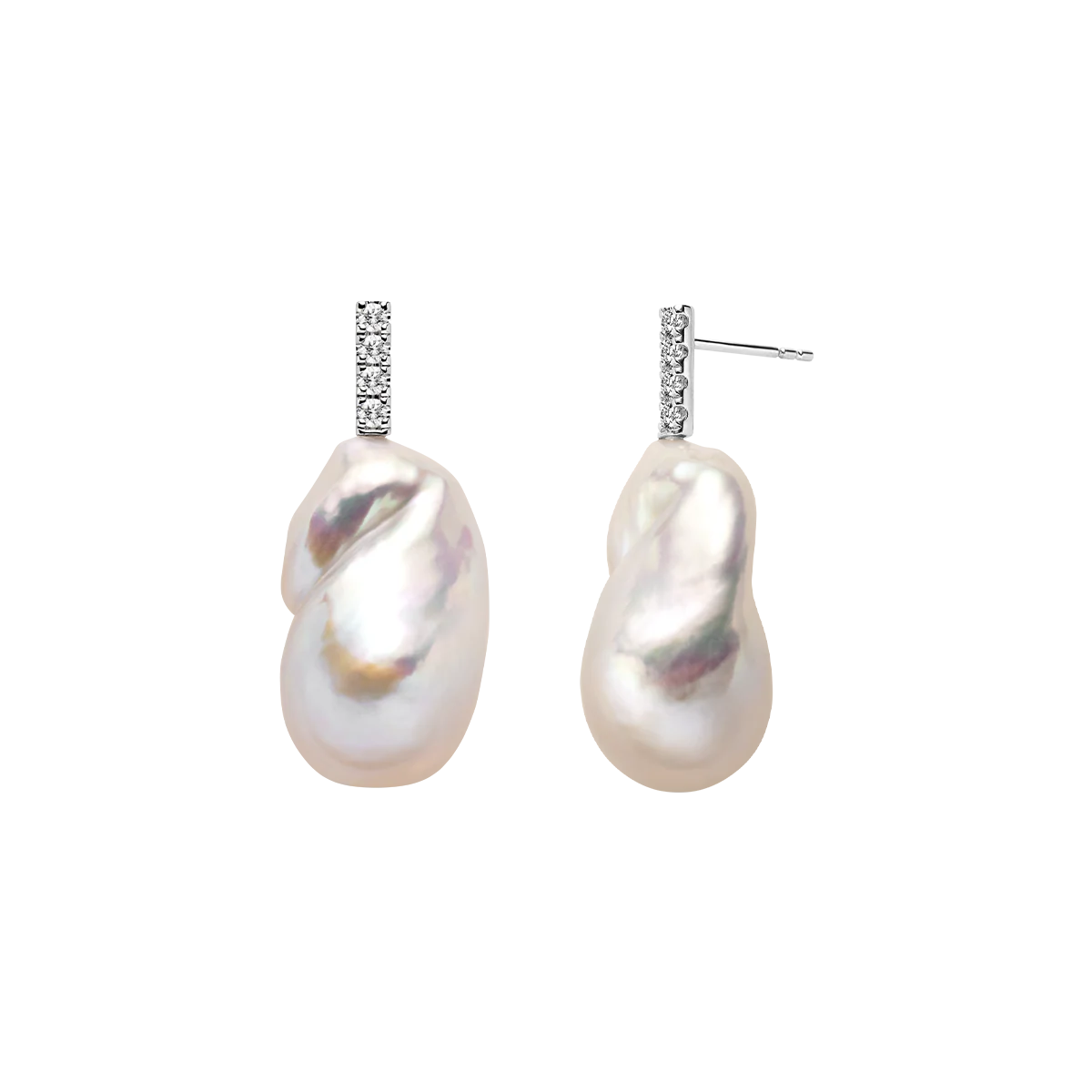 Baroque Iridescent Freshwater Pearl CZ Bar Drop Earrings in 925 Sterling Silver