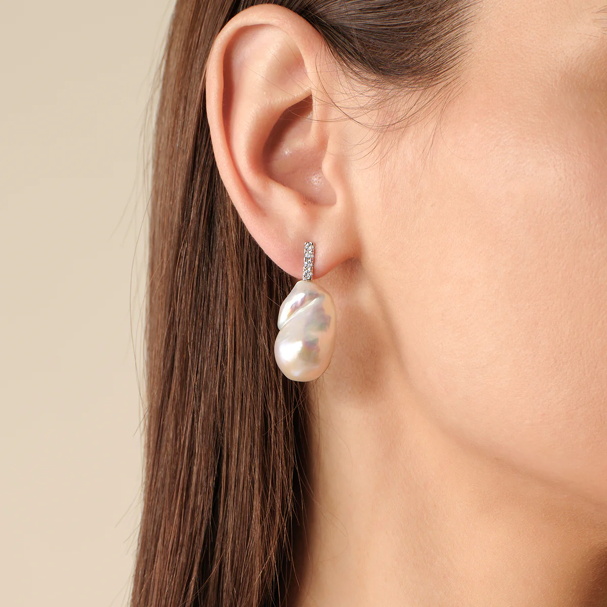 Baroque Iridescent Freshwater Pearl CZ Bar Drop Earrings in 925 Sterling Silver - Image 2