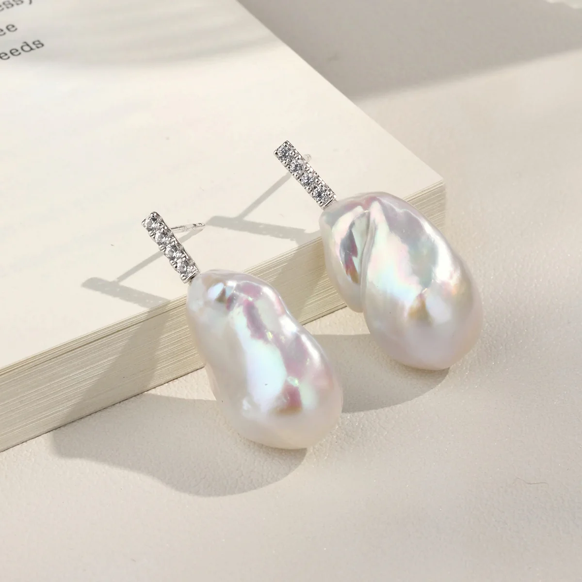 Baroque Iridescent Freshwater Pearl CZ Bar Drop Earrings in 925 Sterling Silver - Image 3