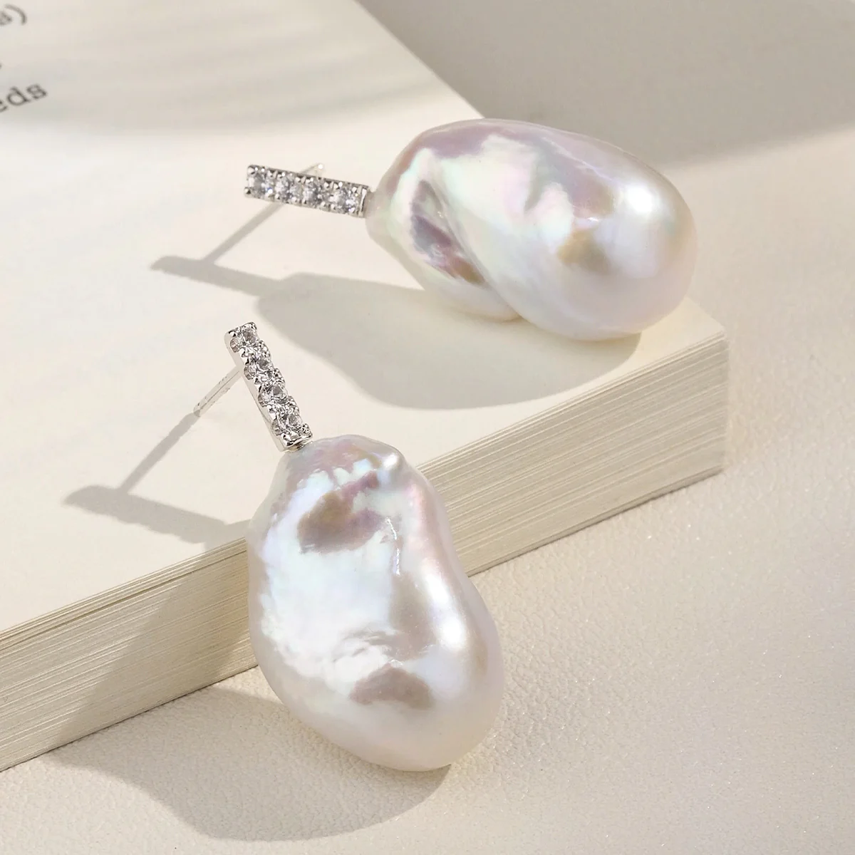 Baroque Iridescent Freshwater Pearl CZ Bar Drop Earrings in 925 Sterling Silver - Image 5