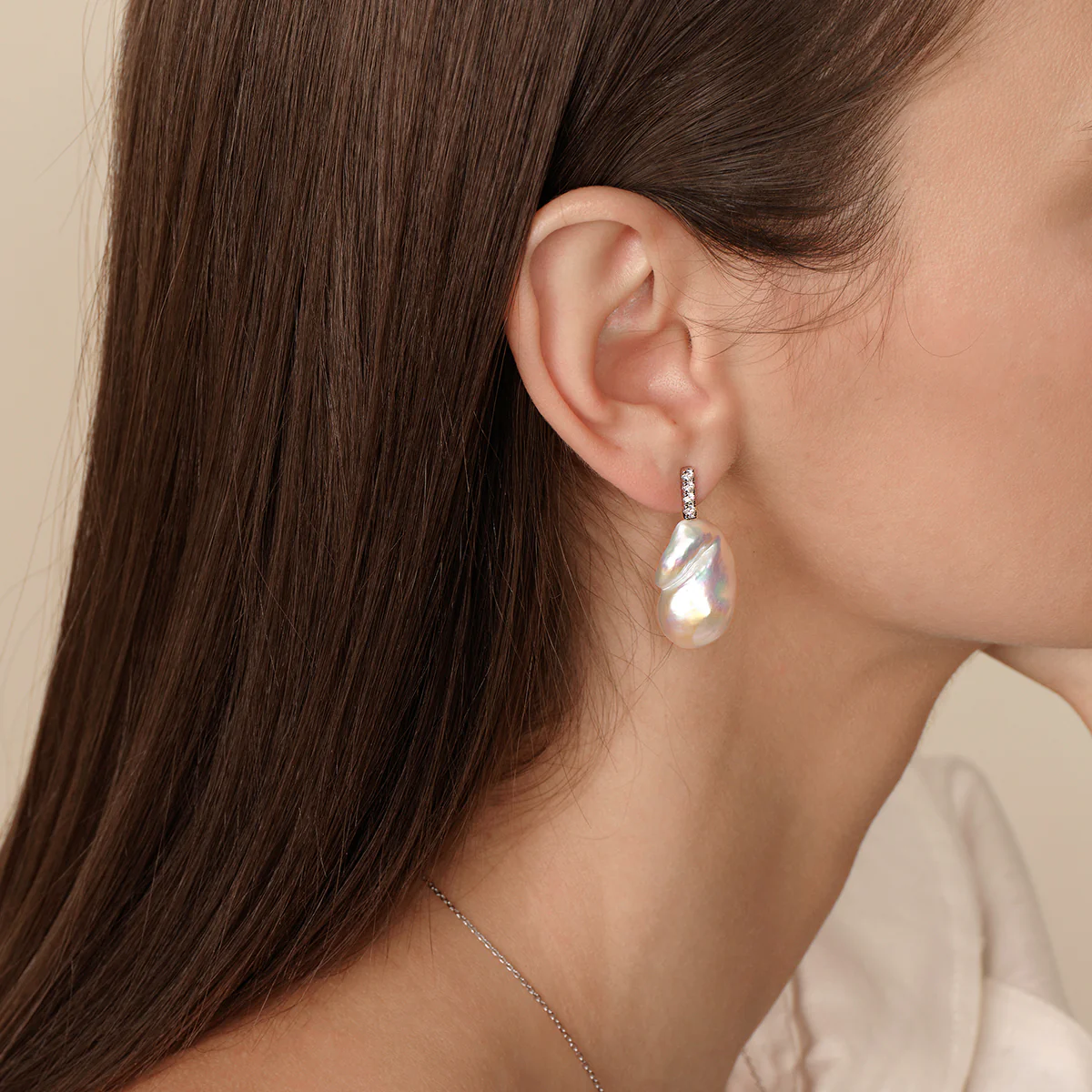 Baroque Iridescent Freshwater Pearl CZ Bar Drop Earrings in 925 Sterling Silver - Image 6