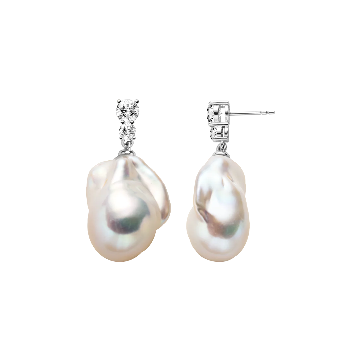 Baroque Iridescent Freshwater Pearl Double CZ Drop Earrings in 925 Sterling Silver