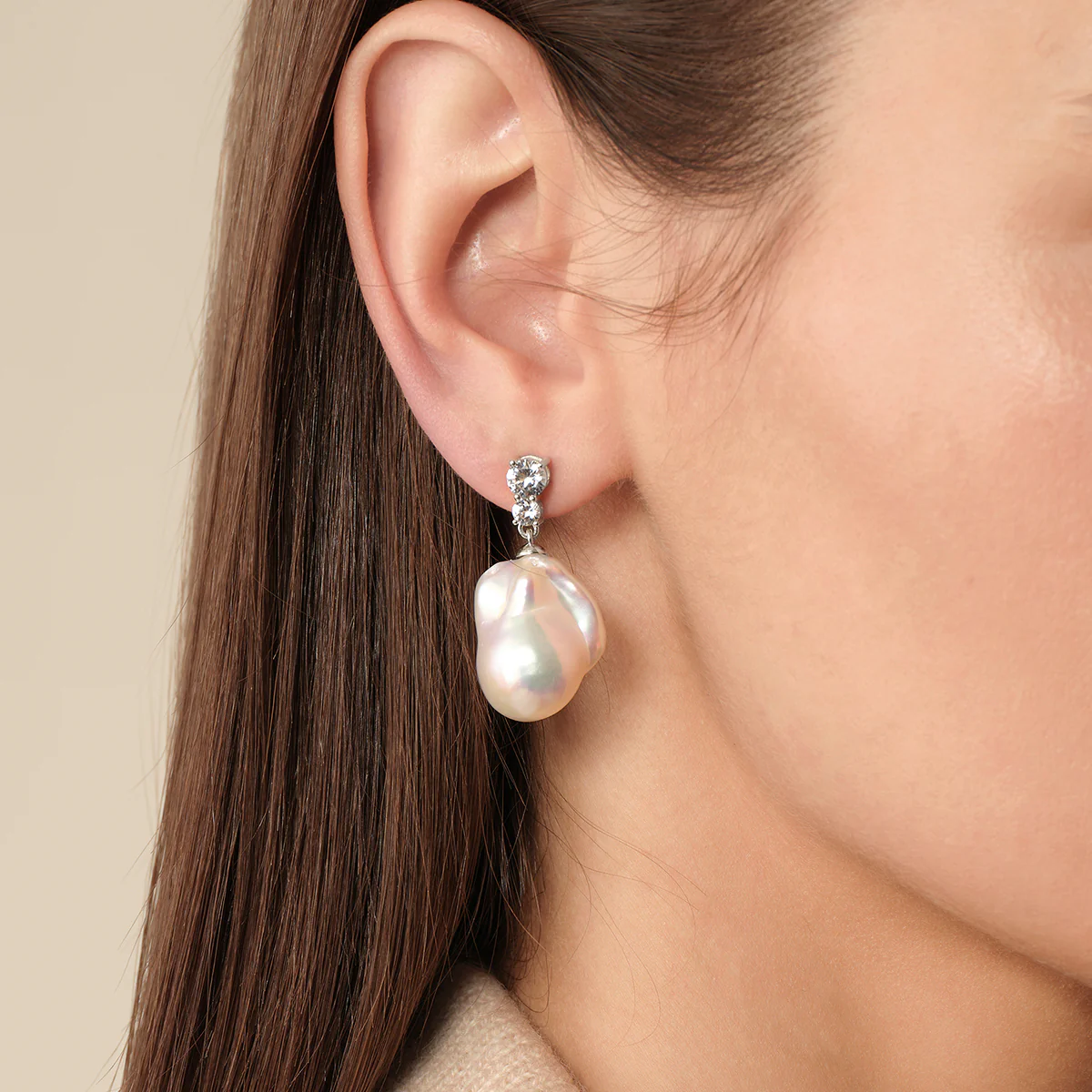 Baroque Iridescent Freshwater Pearl Double CZ Drop Earrings in 925 Sterling Silver - Image 2