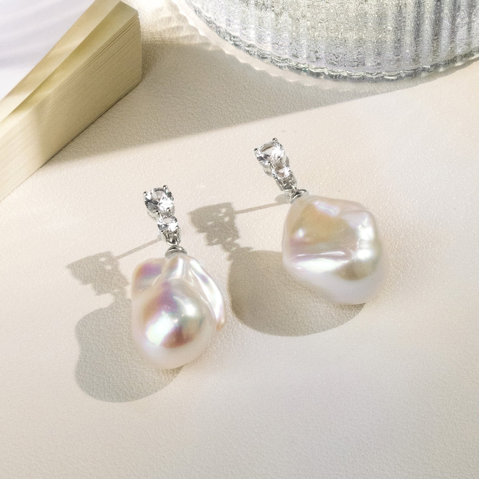 Baroque Iridescent Freshwater Pearl Double CZ Drop Earrings in 925 Sterling Silver - Image 3