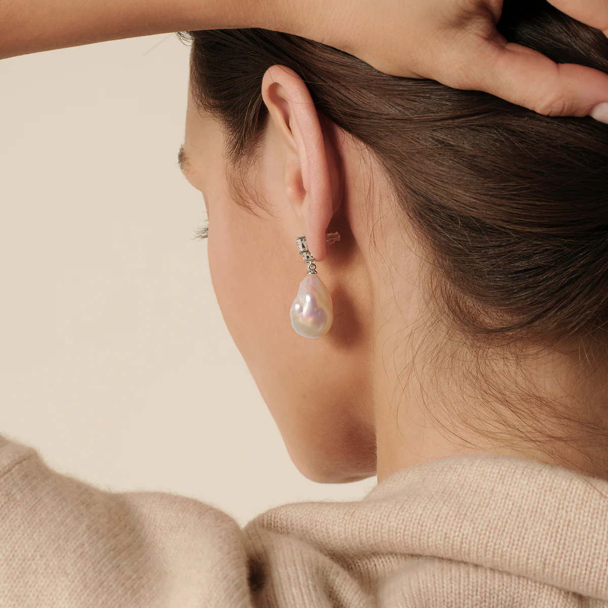 Baroque Iridescent Freshwater Pearl Double CZ Drop Earrings in 925 Sterling Silver - Image 5