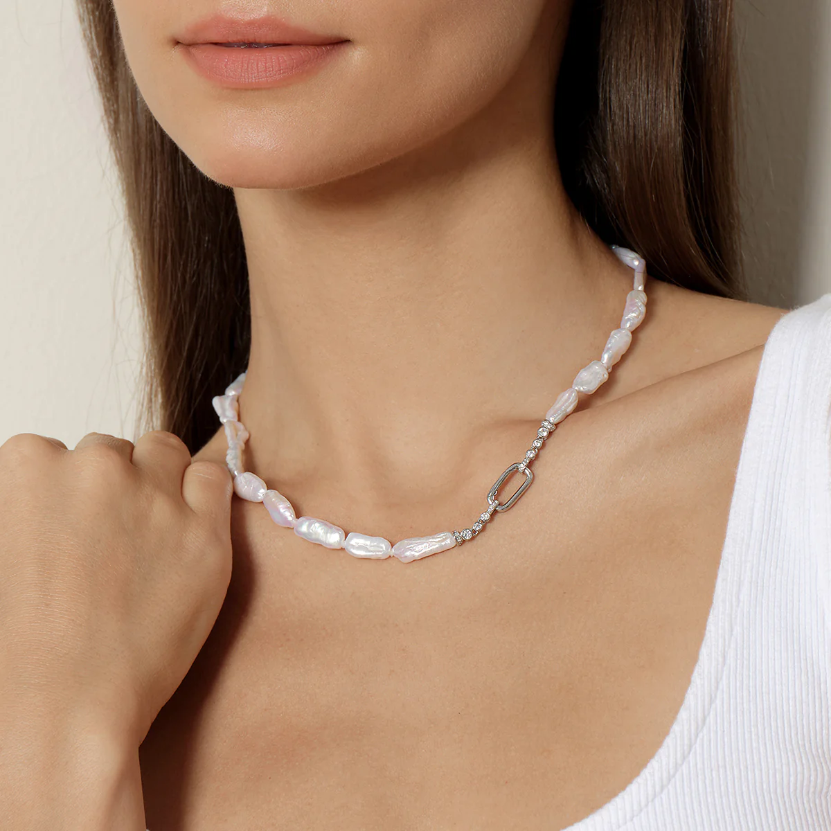 Baroque Nucleated Freshwater Pearl Strand Necklace in 925 Sterling Silver - Image 2