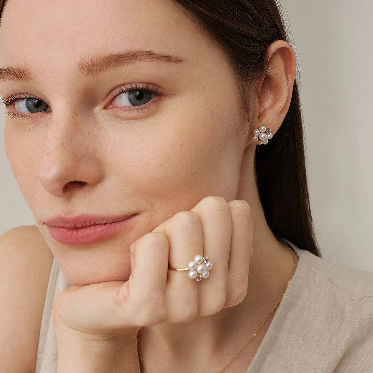 Freshwater Pearl 10K Gold Lab-Grown Diamond Dandelion Stud Earrings - Image 4