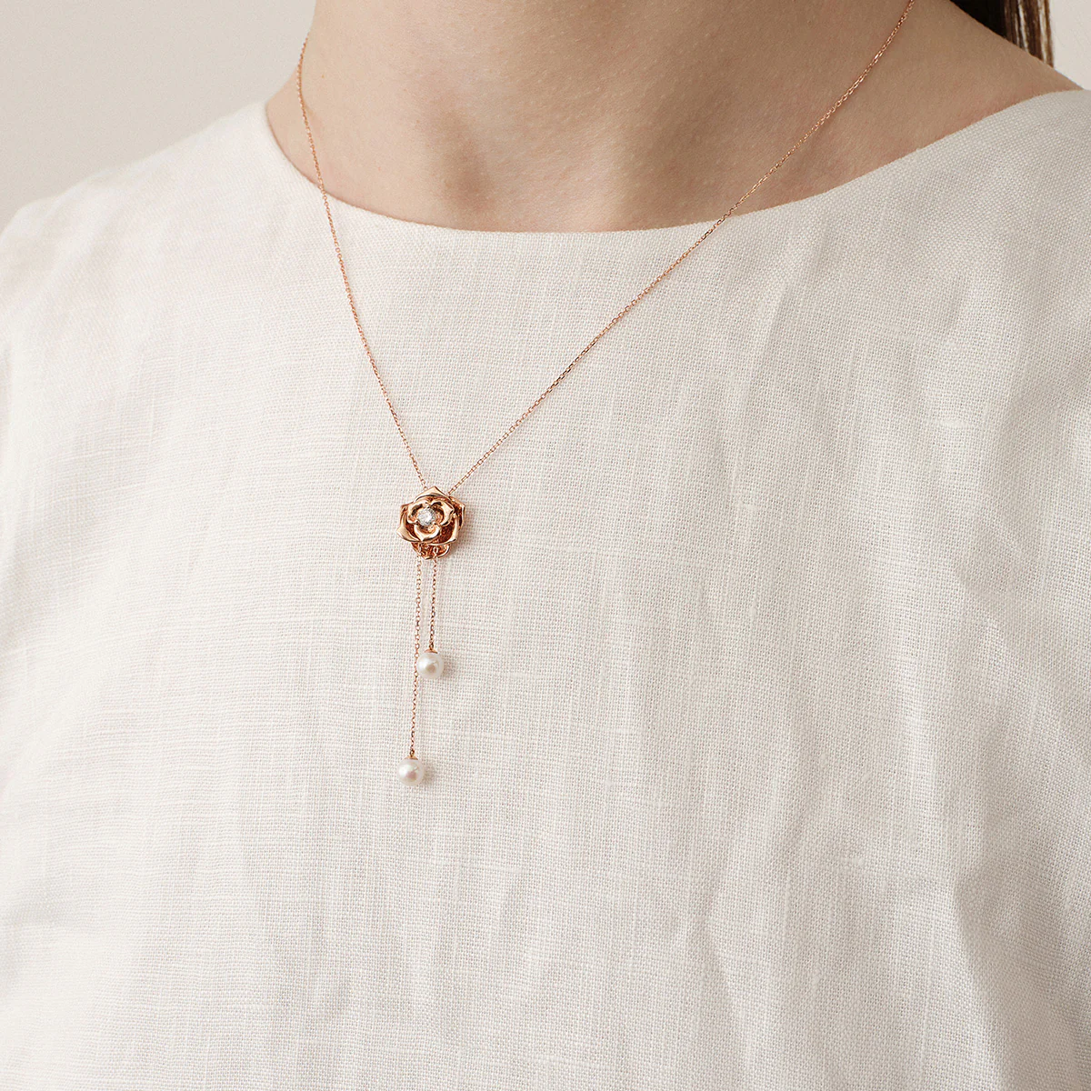 Freshwater Pearl 10K Rose Gold Lab-Grown Diamond Dewdrop Rose Necklace - Image 2