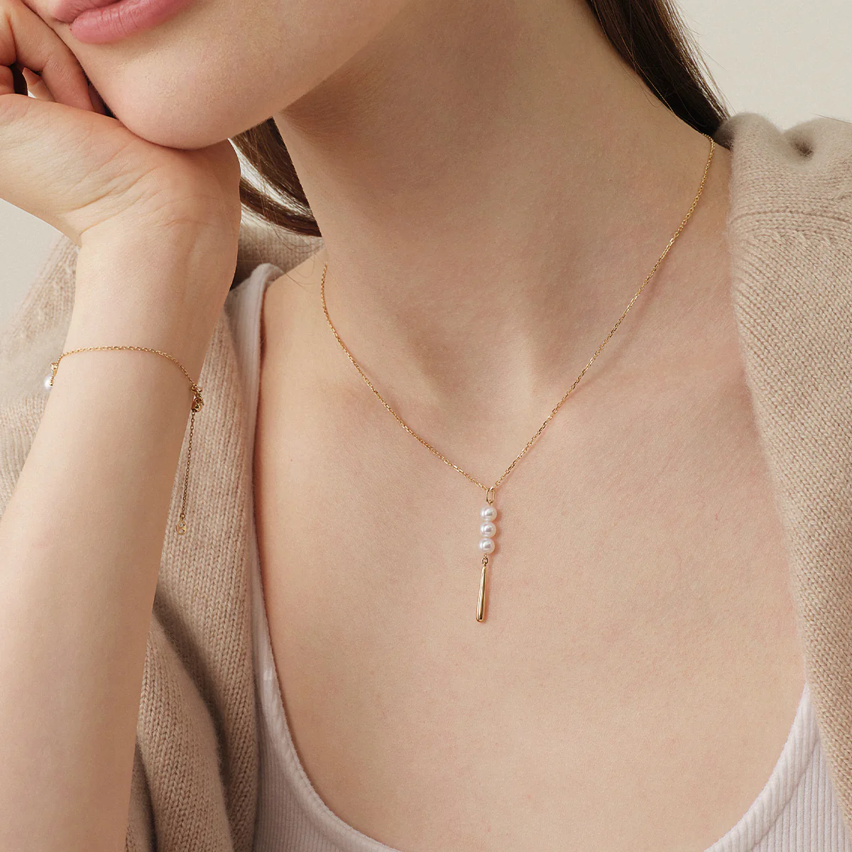Freshwater Pearl 10K Yellow Gold Triple Drop Tassel Pendant Necklace - Image 4