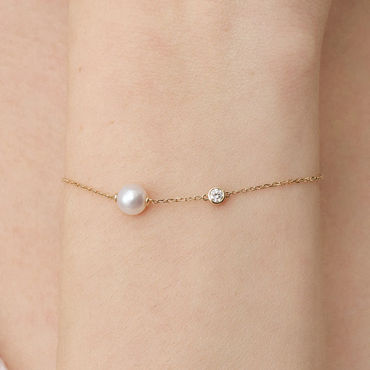Freshwater Pearl 14K Yellow Gold Diamond Minimalist Design Bracelet - Image 2