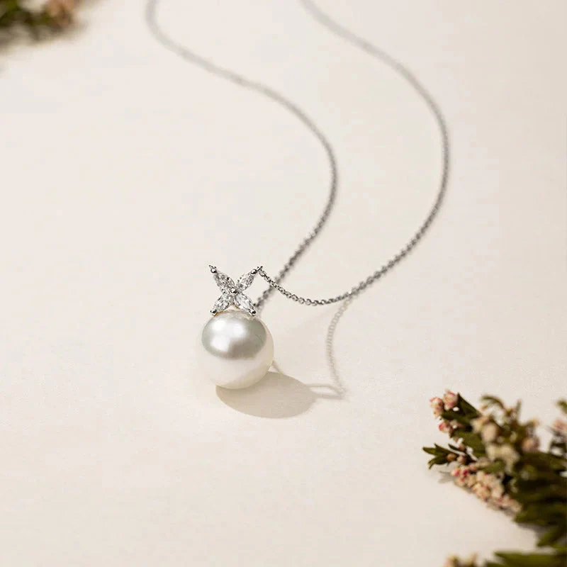 Freshwater Pearl 925 Sterling Silver Lab-grown Diamond Flower Pendant Necklace - Image 3