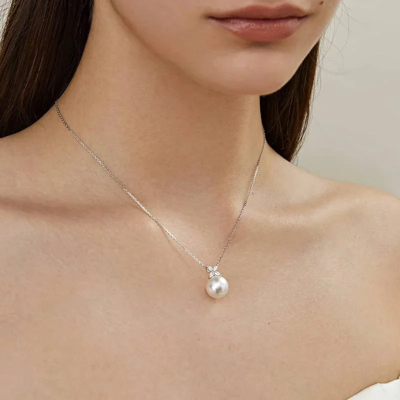 Freshwater Pearl 925 Sterling Silver Lab-grown Diamond Flower Pendant Necklace - Image 4