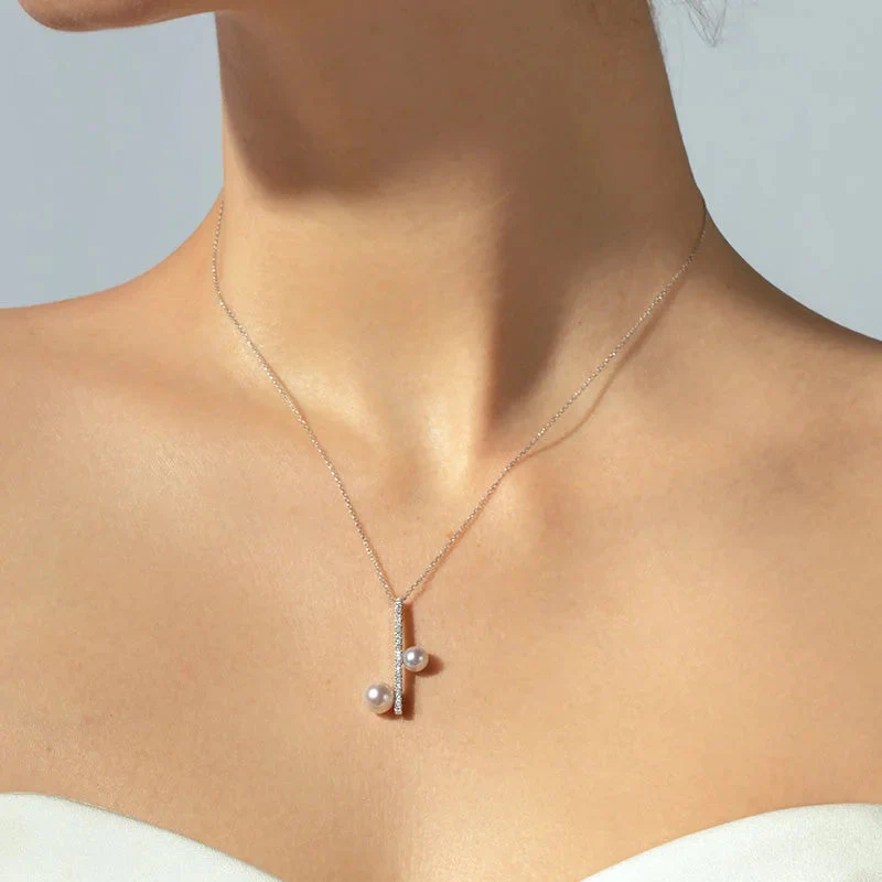 Freshwater Pearl 925 Sterling Silver Note Lab-grown Diamond Pendant Necklace - Image 2
