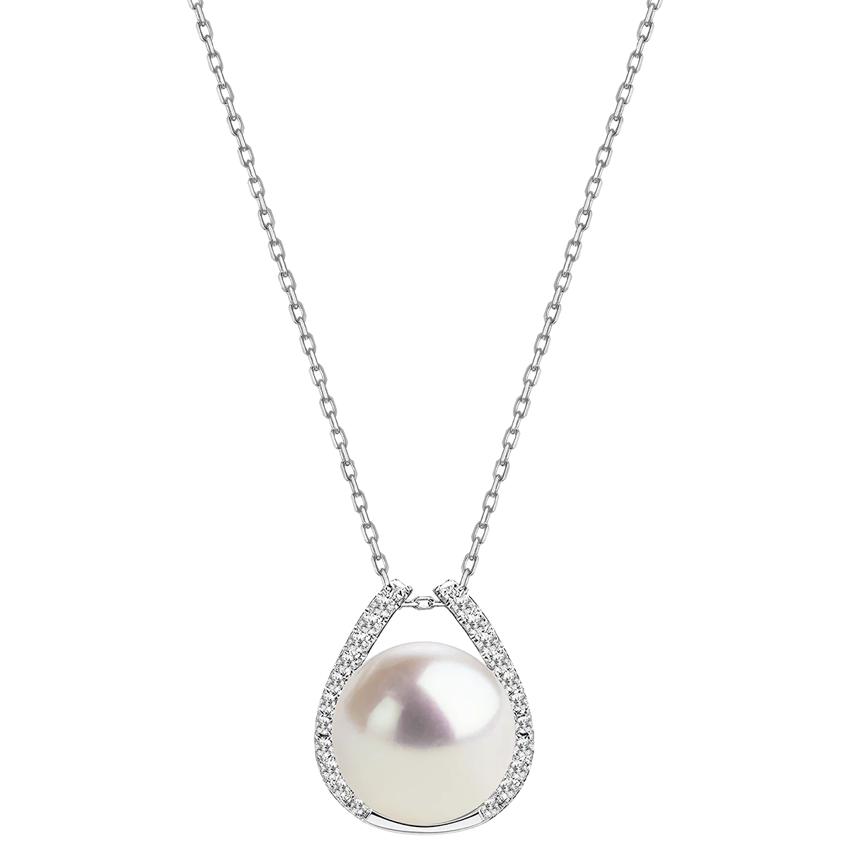 Freshwater Pearl Crescent CZ Pendant Necklace in 925 Sterling Silver