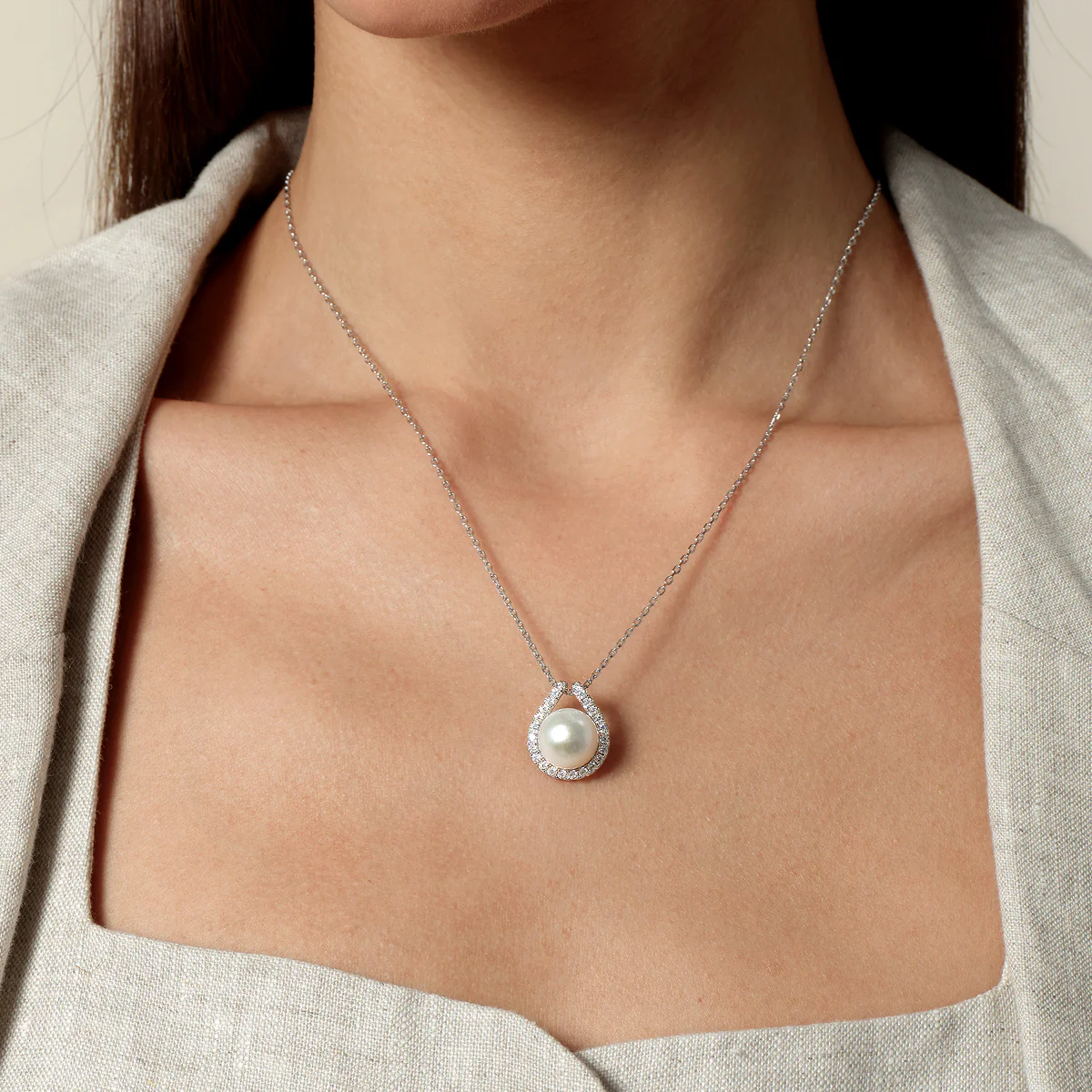 Freshwater Pearl Crescent CZ Pendant Necklace in 925 Sterling Silver - Image 2
