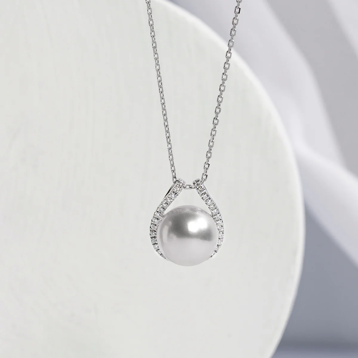Freshwater Pearl Crescent CZ Pendant Necklace in 925 Sterling Silver - Image 3