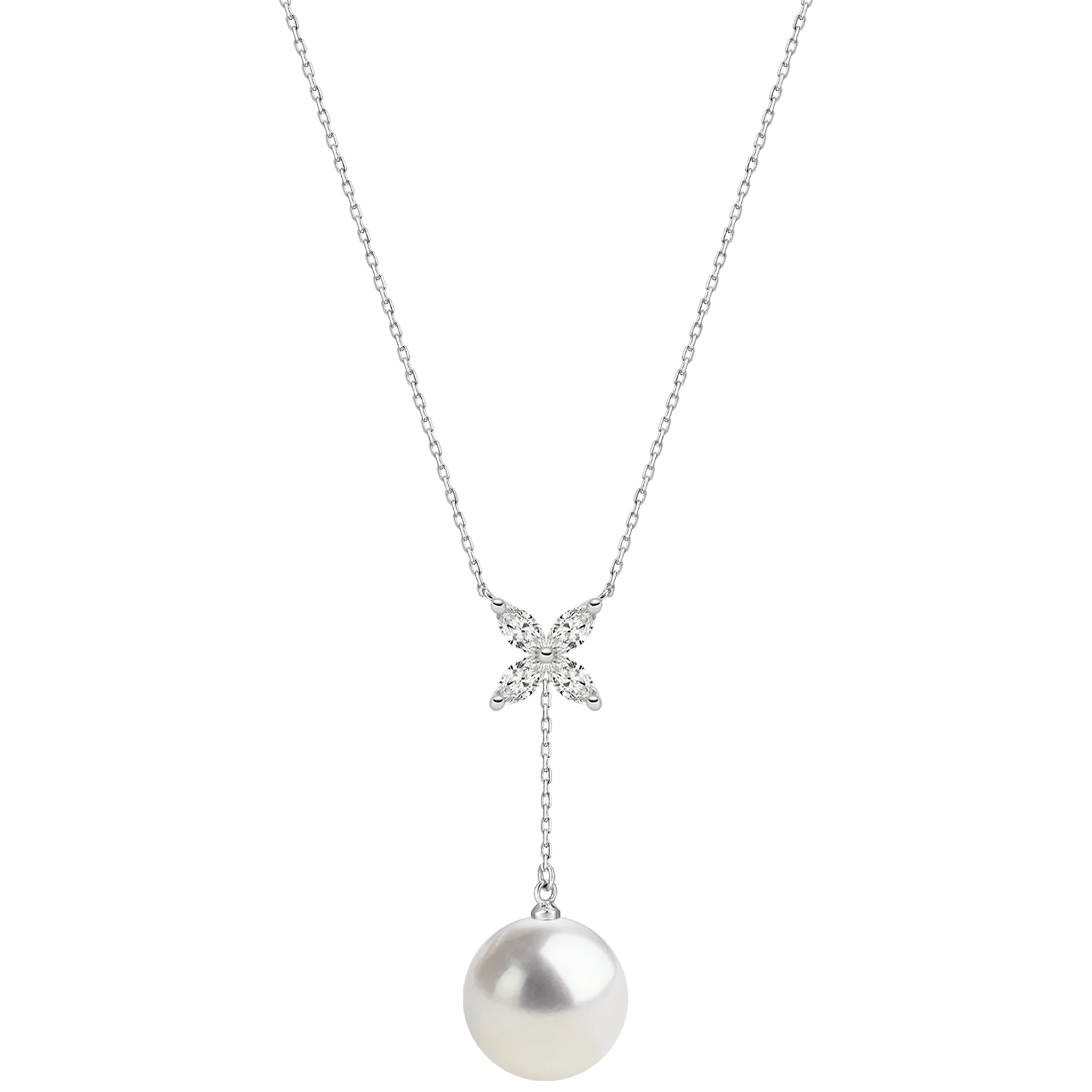Freshwater Pearl CZ Butterfly Drop Necklace in 925 Sterling Silver