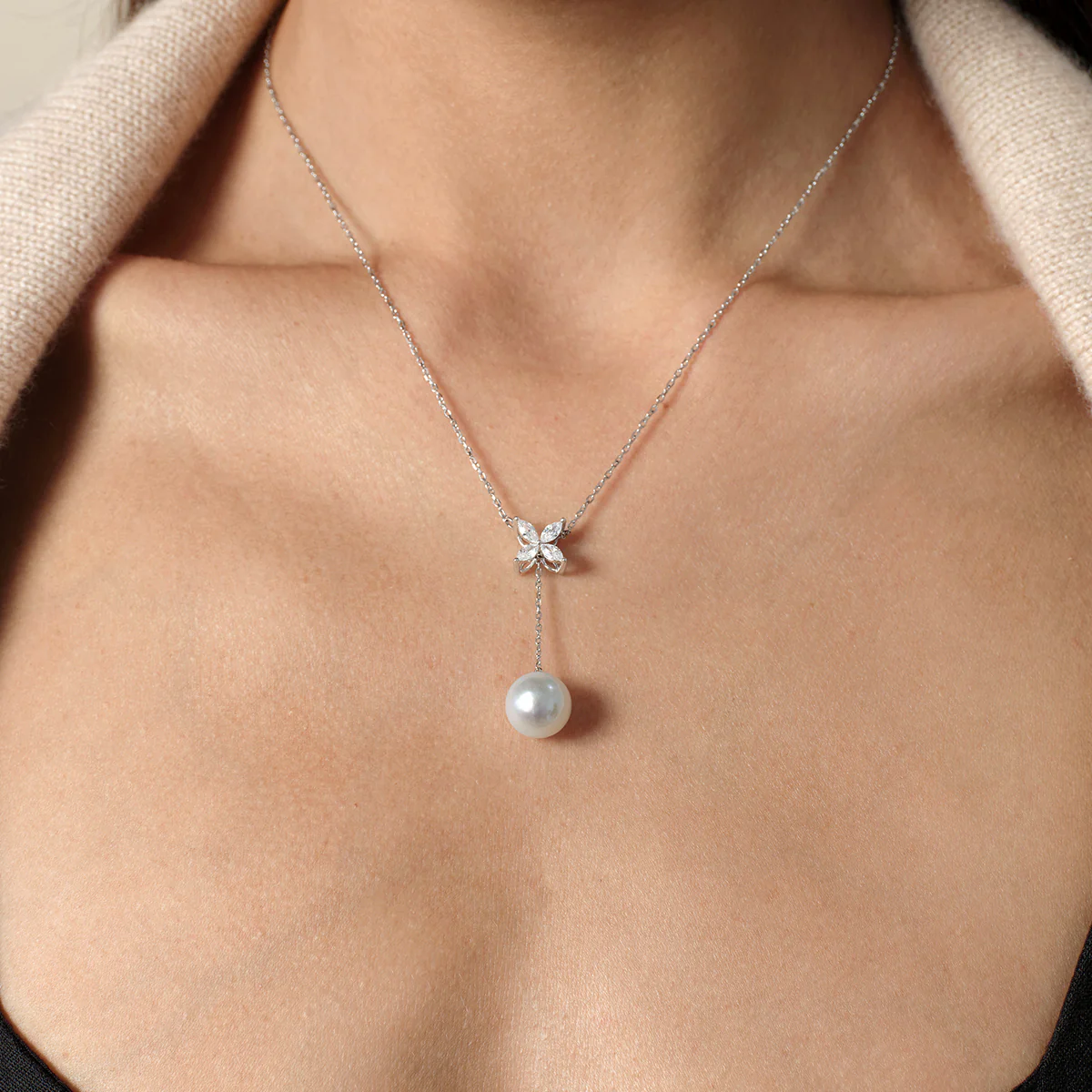 Freshwater Pearl CZ Butterfly Drop Necklace in 925 Sterling Silver - Image 2