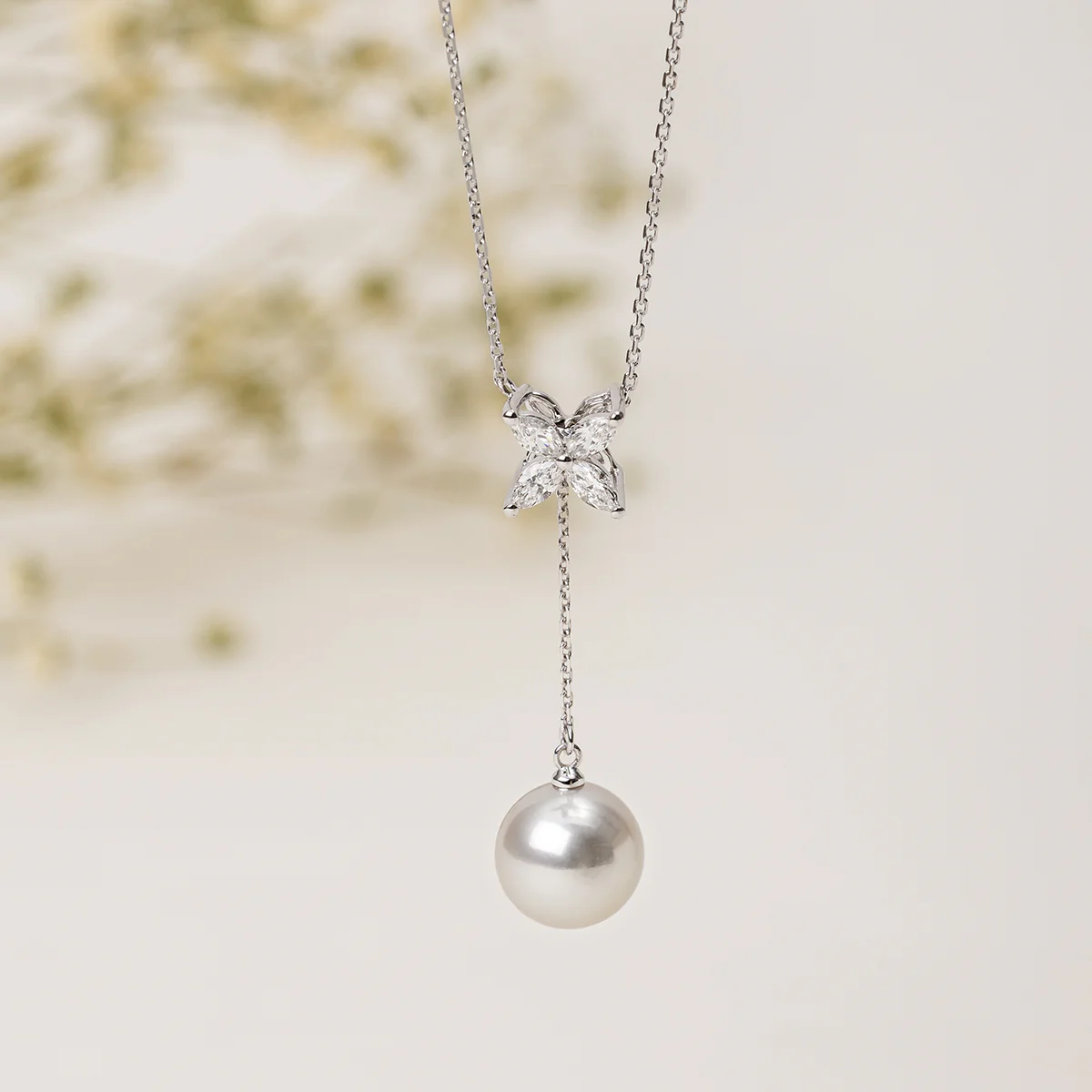 Freshwater Pearl CZ Butterfly Drop Necklace in 925 Sterling Silver - Image 3