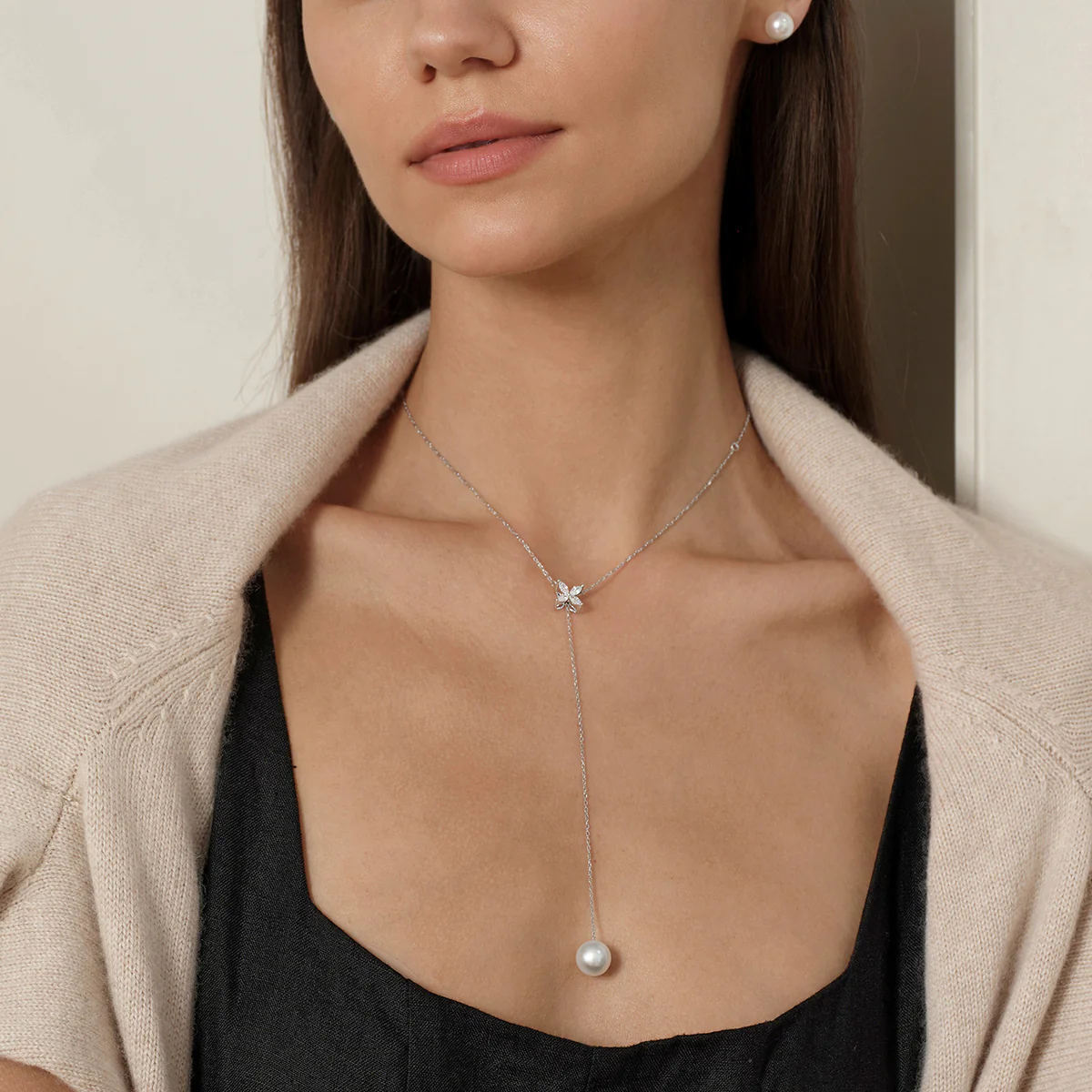 Freshwater Pearl CZ Butterfly Drop Necklace in 925 Sterling Silver - Image 4