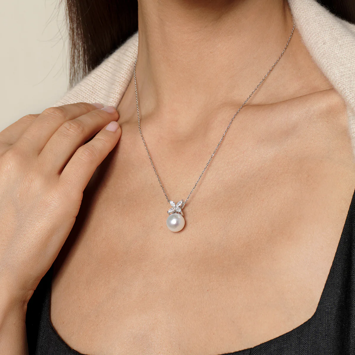 Freshwater Pearl CZ Butterfly Drop Necklace in 925 Sterling Silver - Image 6
