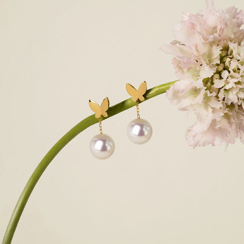 Freshwater Pearl Gold Vermeil Butterfly Drop & Stud Earrings in 925 Sterling Silver - Image 3