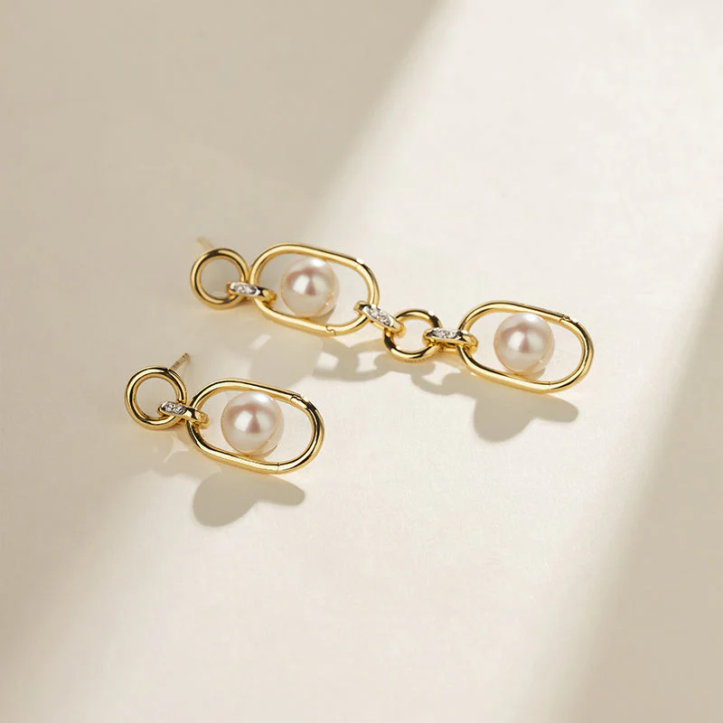 Freshwater Pearl Gold Vermeil Interlocking Hoop Drop Earrings in 925 Sterling Silver - Image 3