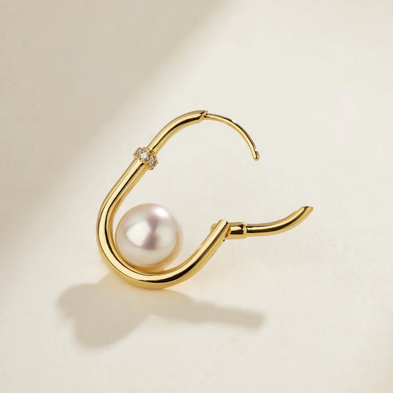 Freshwater Pearl Gold Vermeil Lab-grown Diamond U-shaped Hoop Earrings in 925 Sterling Silver - Image 3