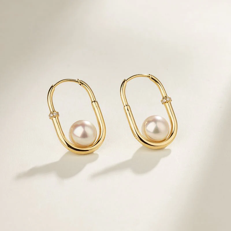 Freshwater Pearl Gold Vermeil Lab-grown Diamond U-shaped Hoop Earrings in 925 Sterling Silver - Image 5