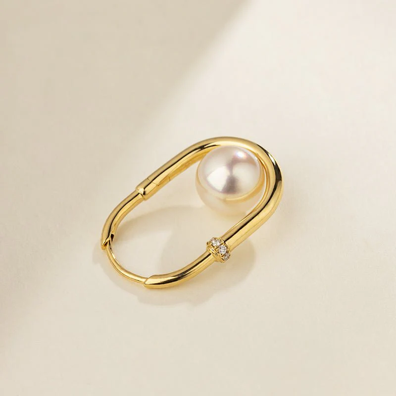 Freshwater Pearl Gold Vermeil Lab-grown Diamond U-shaped Hoop Earrings in 925 Sterling Silver - Image 7