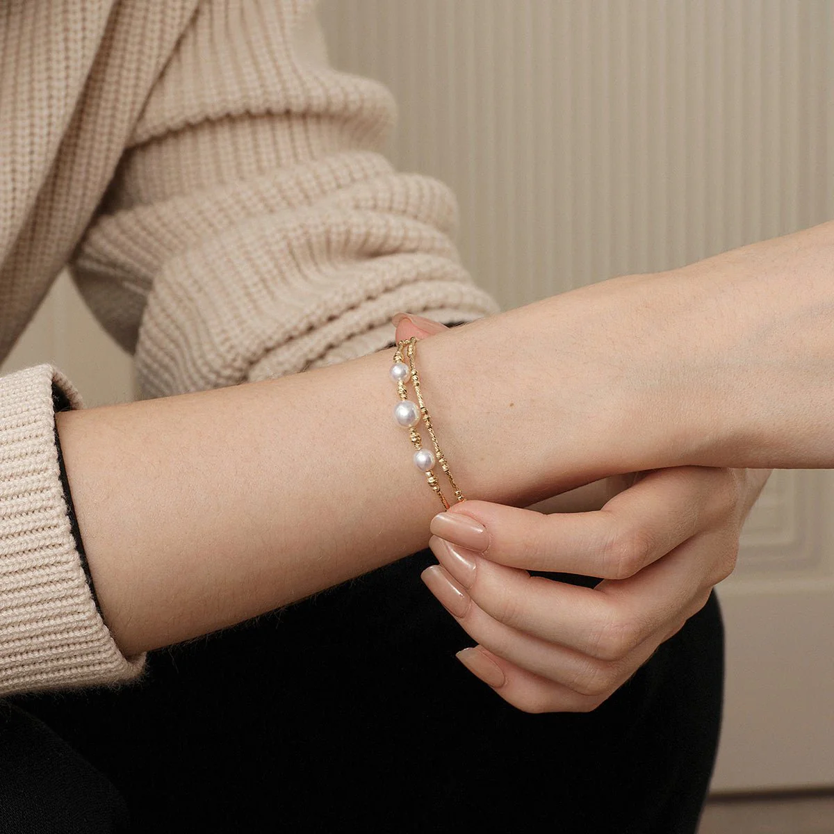 Freshwater Pearl Gold Vermeil Stretch Bracelet in 925 Sterling Silver - Image 5
