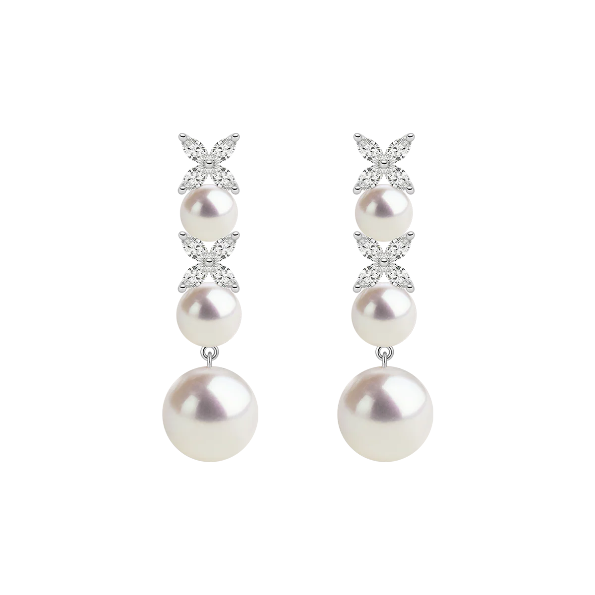 Freshwater Pearl Graduated Drop Earrings with Lab-Grown Diamonds in 925 Sterling Silver