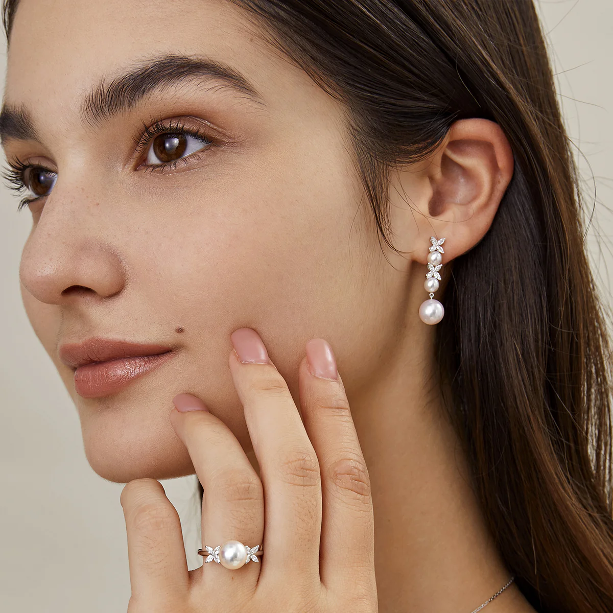 Freshwater Pearl Graduated Drop Earrings with Lab-Grown Diamonds in 925 Sterling Silver - Image 4