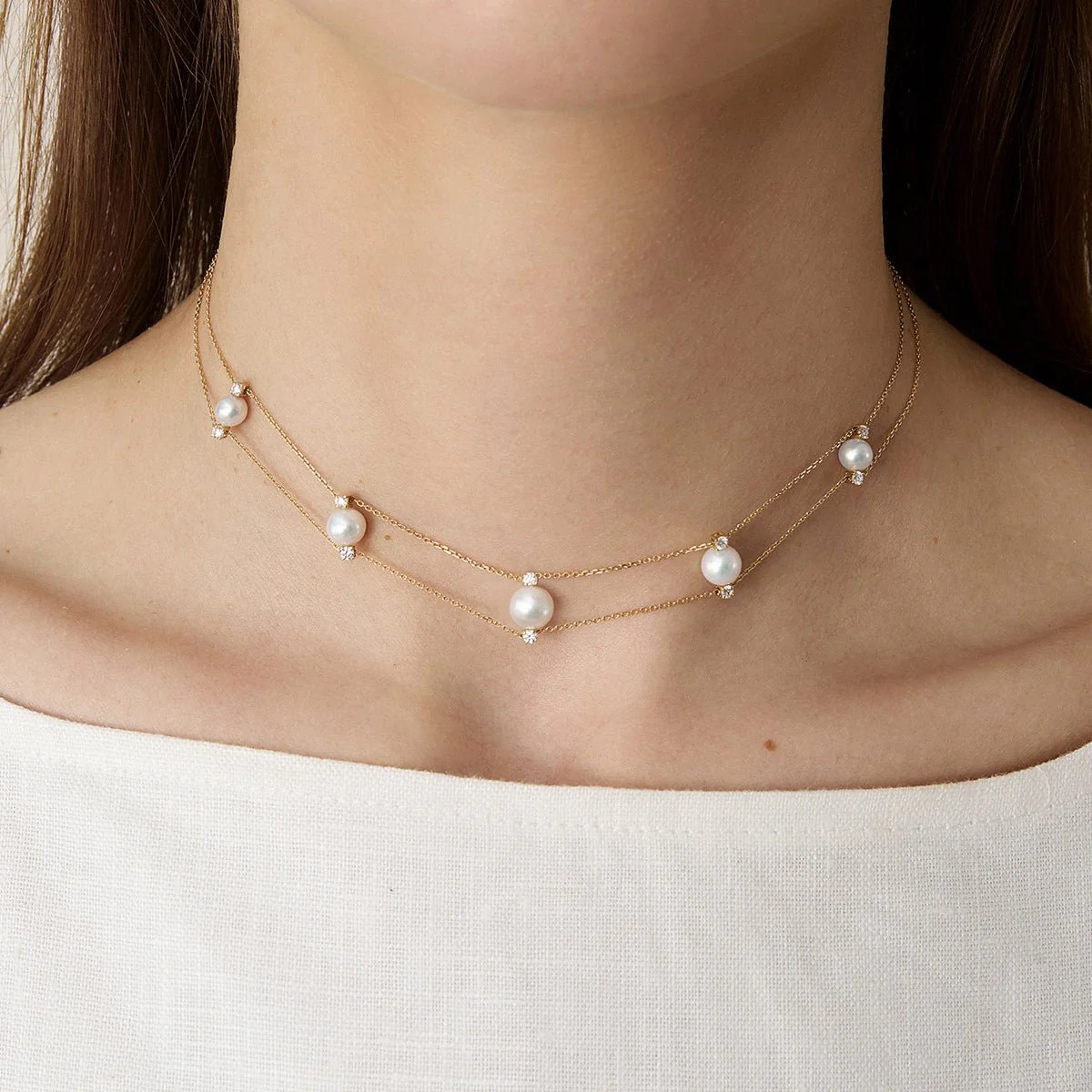 Freshwater Pearl Lab-grown Diamond Gold Vermeil Double Strand Lace Necklace in 925 Sterling Silver - Image 2