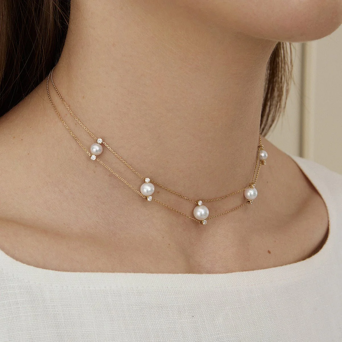 Freshwater Pearl Lab-grown Diamond Gold Vermeil Double Strand Lace Necklace in 925 Sterling Silver - Image 4