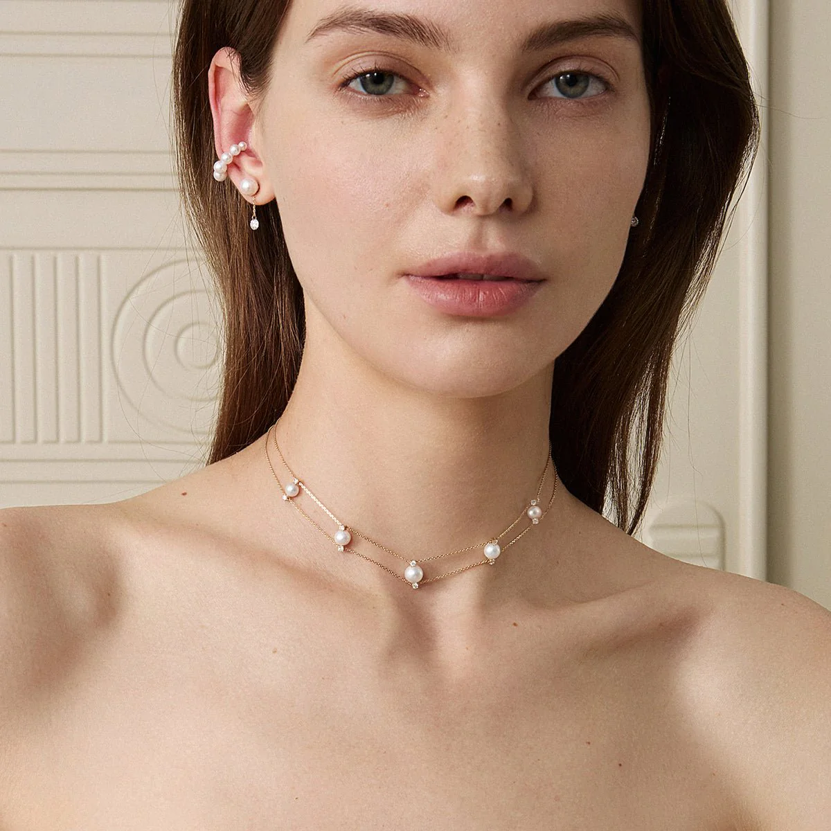 Freshwater Pearl Lab-grown Diamond Gold Vermeil Double Strand Lace Necklace in 925 Sterling Silver - Image 6
