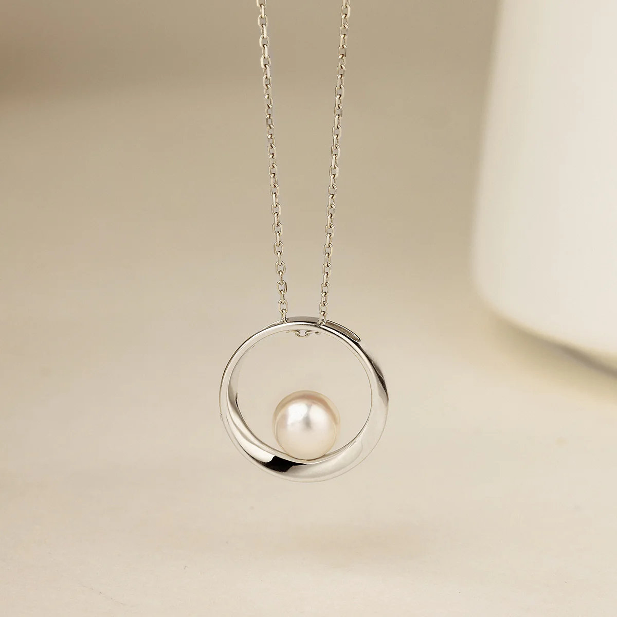 Freshwater Pearl Open Circle Orbit Pendant Necklace in 925 Sterling Silver - Image 3