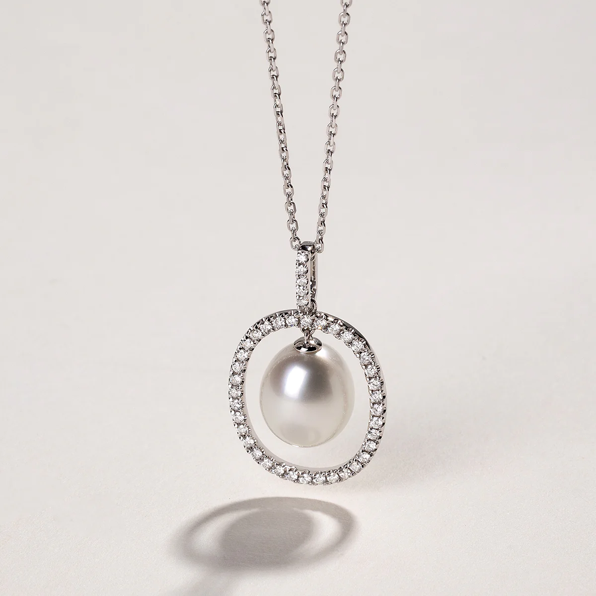 Freshwater Pearl Oval Frame CZ Pendant Necklace in 925 Sterling Silver - Image 2