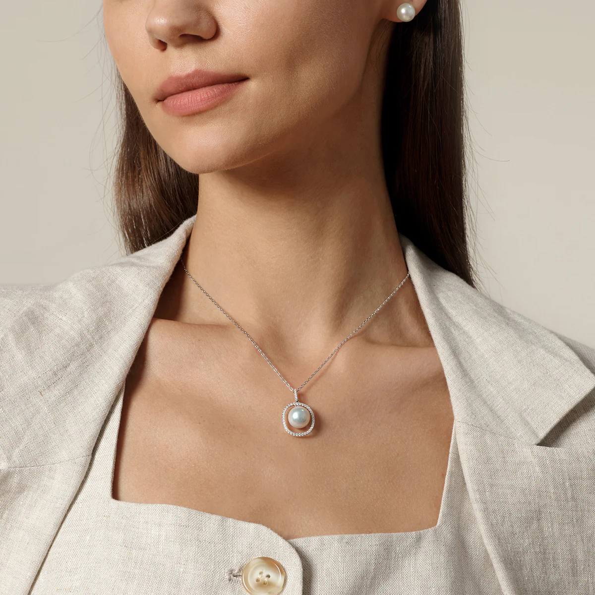 Freshwater Pearl Oval Frame CZ Pendant Necklace in 925 Sterling Silver - Image 5