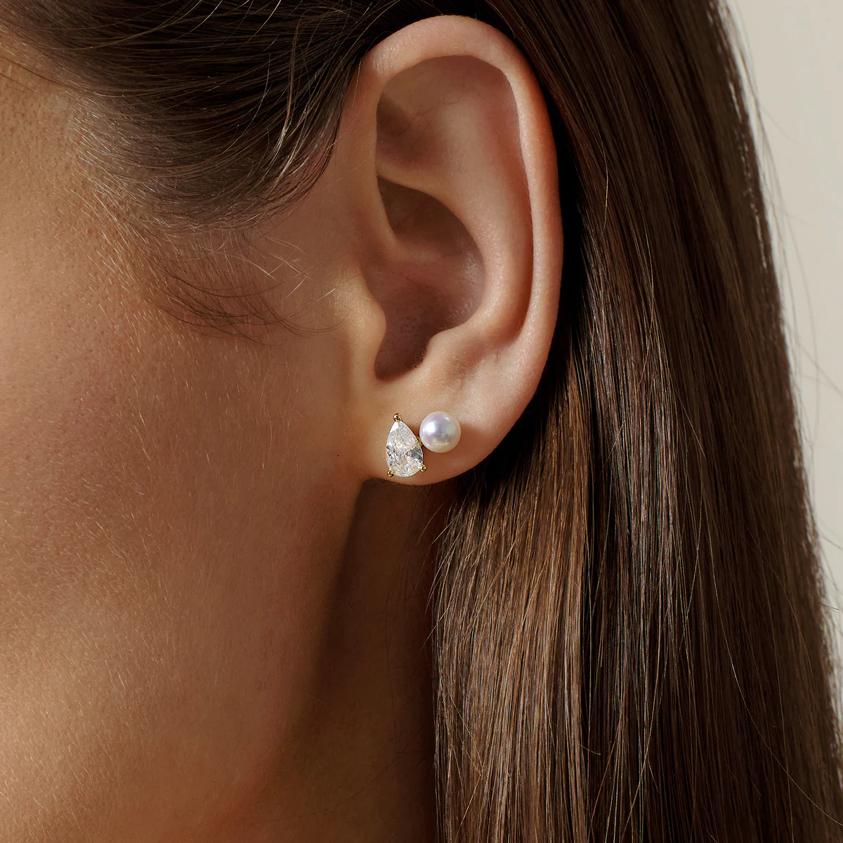 Freshwater Pearl Pear-Cut CZ Gold Plating Toi et Moi Stud Earrings in 925 Sterling Silver - Image 2