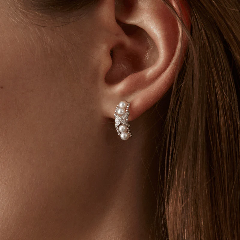 Freshwater Pearls 14K Gold Lab-Grown Diamonds Quartet X-Pearl Earrings - Image 2